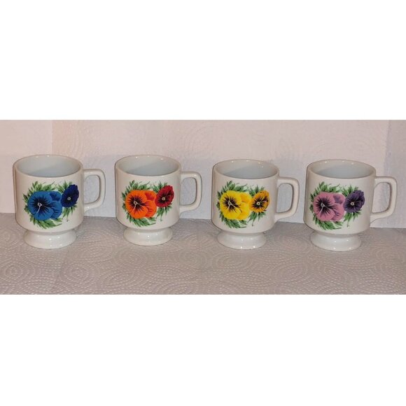 Vintage Retro Ceramic White Coffee Mug Poppy Flower Poppies (Set of 4) **RARE** - Picture 1 of 2